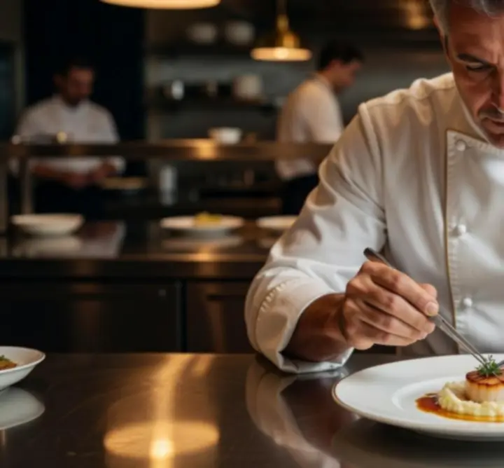 Díjnyertes séf fine dining tányért készít egy luxus étterem konyháján