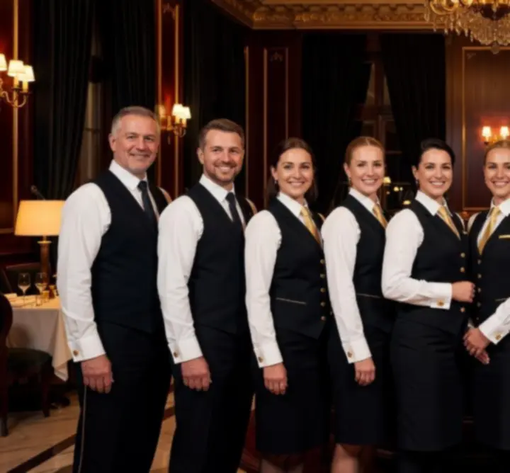 Elegáns öltözetű, professzionális éttermi csapat egy luxus kaszinó étteremben